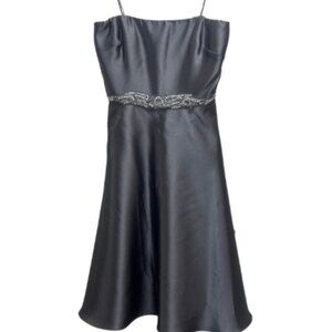 Badgley Mischka Charcoal Midi Dress with Embellished Belt Size 6 NWT